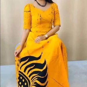 BATIK DRESS, long dress, half sleeves, yellow dress, dress for girl, party dress